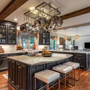 Traditional Kitchen Design With White Kitchen Island And Marble Countertop Also Brushed Nickel Pendant Lamp