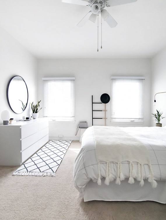 Scandinavian master bedroom with blue walls and floor with rug