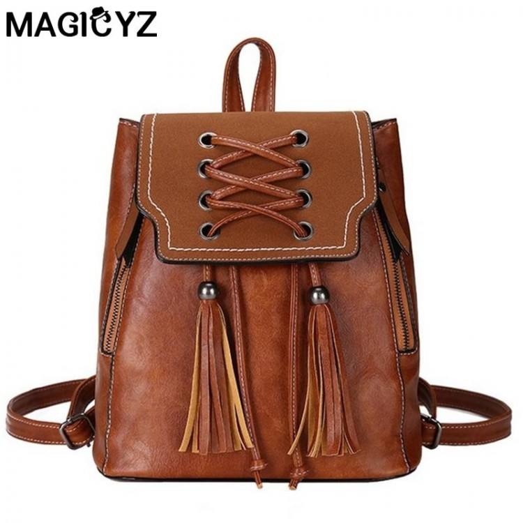 Womens Vintage Backpack PU Leather Handle Bags Long Shoulder Strap Messenger Bags Purse Tote Leisure Bag