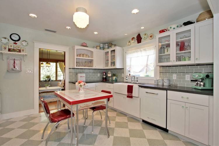 It uses muted colors and vintage accessories throughout the home