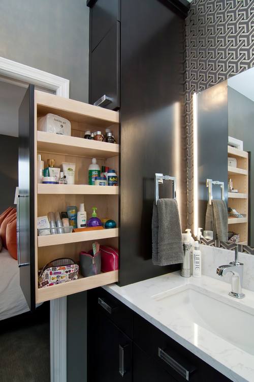 Another new trend in bathroom vanities is hanging the cabinets