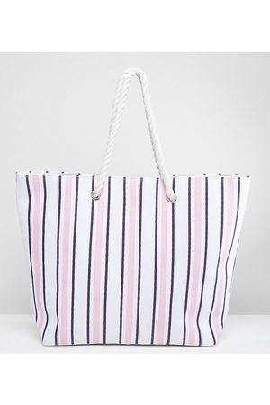 Oak Leaf Casual Women's Canvas Striped Tote Beach Bag, Zipper Top and Rope Handles