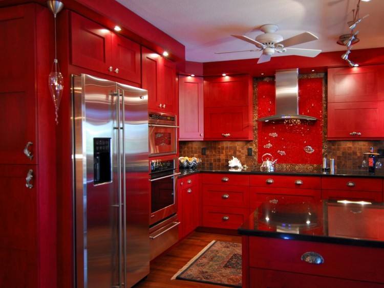European style kitchen with red kitchen cabinets for island Kitchen Craft Cabinetry