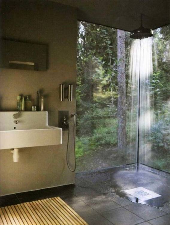 Bathroom Ideas : Small Modern Outdoor Shower Room Ideas With Gray Painted Brick Wall And Simple Wall Mounted Steel Towel Hanger Plus Green Bathroom Plants