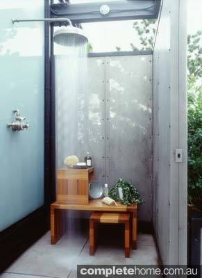 Bathroom,Mysterious Carolina Natural Stone Masonry Outdoor Shower Design Ideas With Wood Flooring And Beautiful Green Outdoor Plant,Captivating Natural