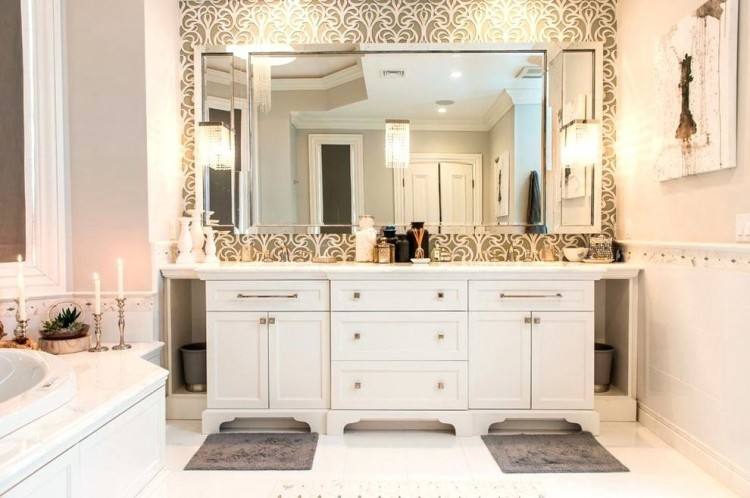 Lovely Black Single Sink Vanity Cabinet With White Toilet As Well As Rustic 4 Light Wall Fixtures As Well As Small Tub Shower Room In Classy Guest Bathroom