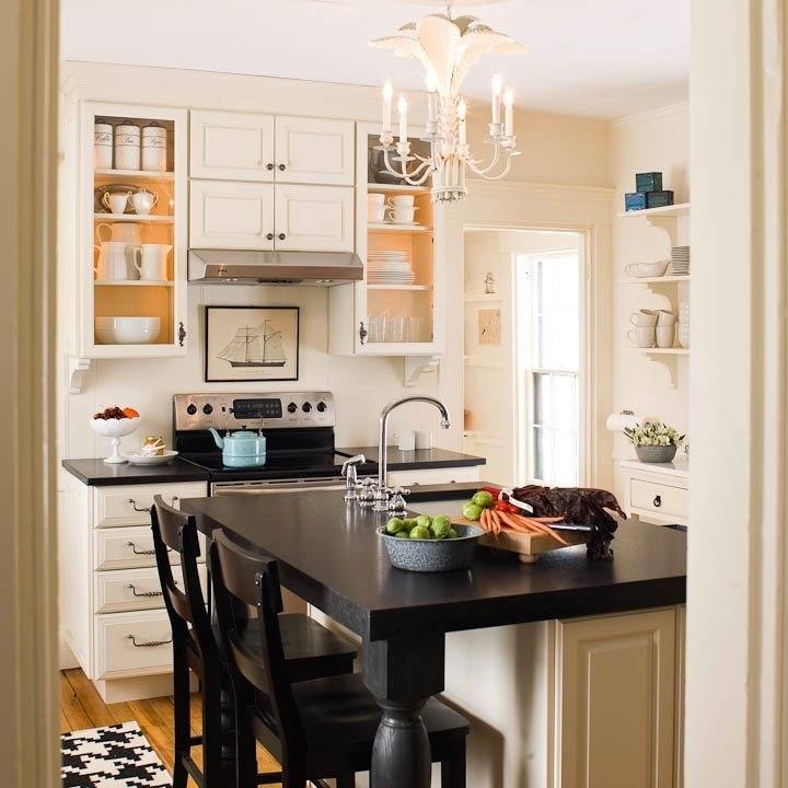 This narrow antique table creates a simple island workspace with a vintage vibe