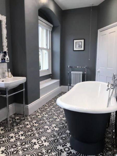 Bathroom ideas/ love how they have the tiles that look like a runner carpet