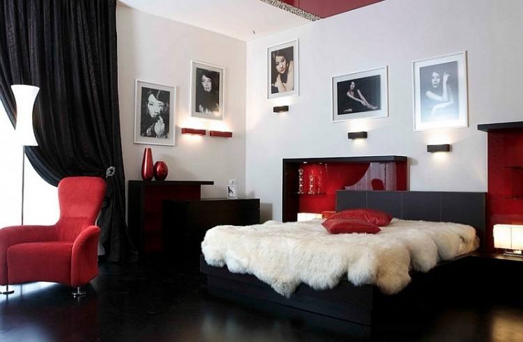 Red is the perfect accent color for a bedroom with white walls