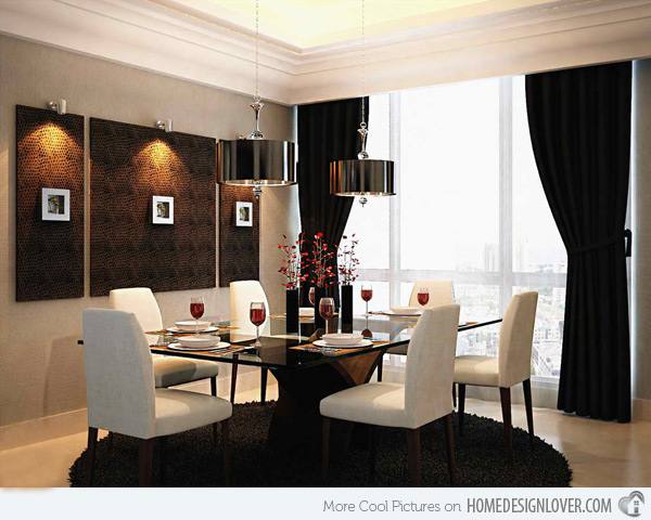 A unique pairing of white chairs with forest green cushions fits nicely  with this deep brown wooden table